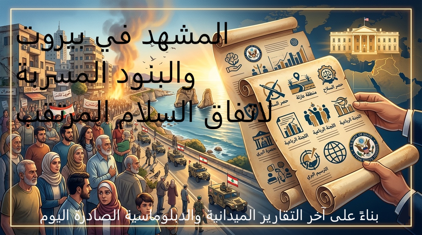 المشهد في بيروت والبنود المسربة لاتفاق السلام المرتقب، بناءً على آخر التقارير الميدانية والدبلوماسية الصادرة اليوم