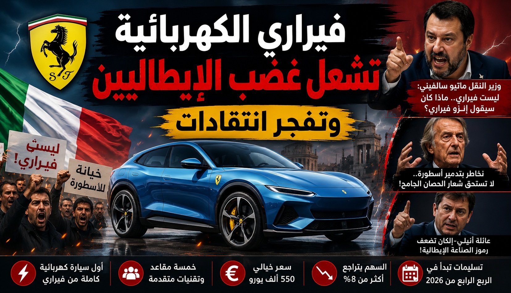 فيراري الكهربائية تشعل عاصفة غضب في إيطاليا… و”الحصان الجامح” يدخل أخطر منعطف في تاريخه
