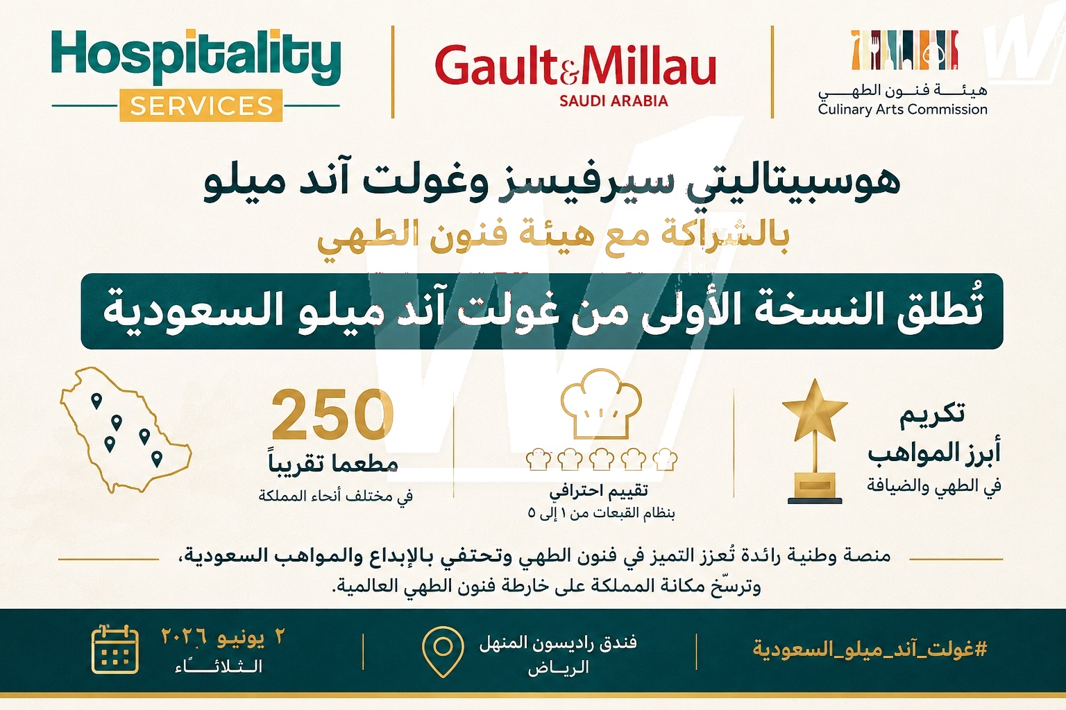 تُطلق شركة هوسبيتاليتي سيرفيسز (Hospitality Services) ودليل غولت آند ميلو (Gault&Millau)، بالشراكة مع هيئة فنون الطهي، النسخة الأولى من غولت آند ميلو السعودية، مُكرِّمين ما يقارب ٢٥٠ مطعمًا في مختلف أنحاء المملكة.